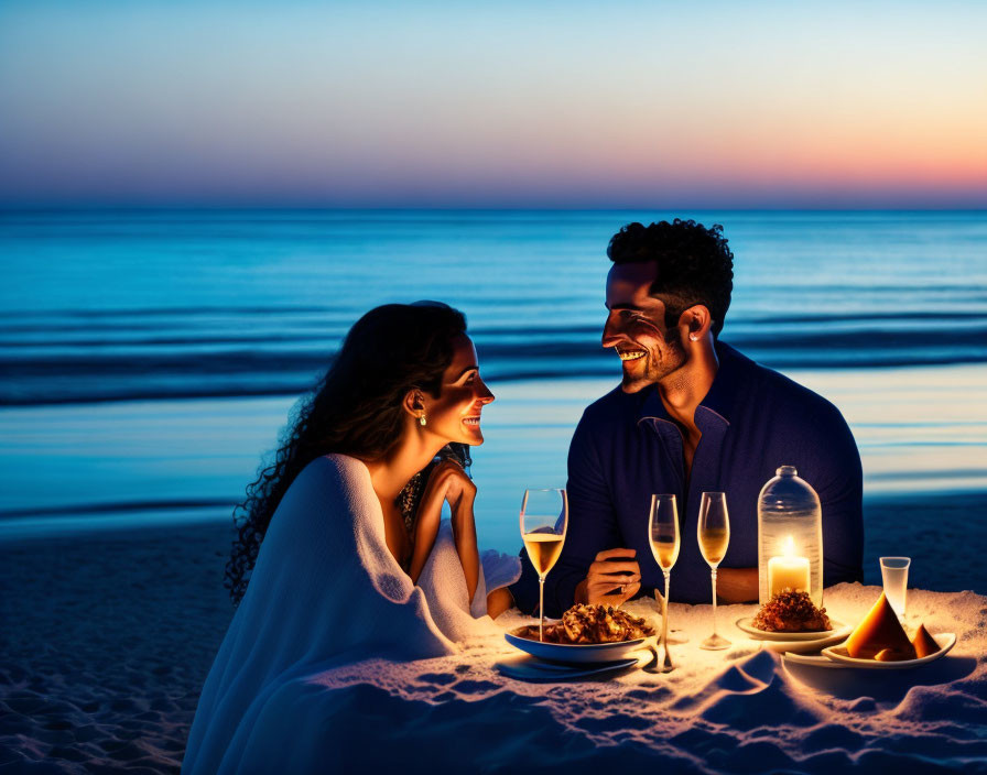 Romantic Beach Dinner at Twilight with Wine, Candles, and Ocean Backdrop