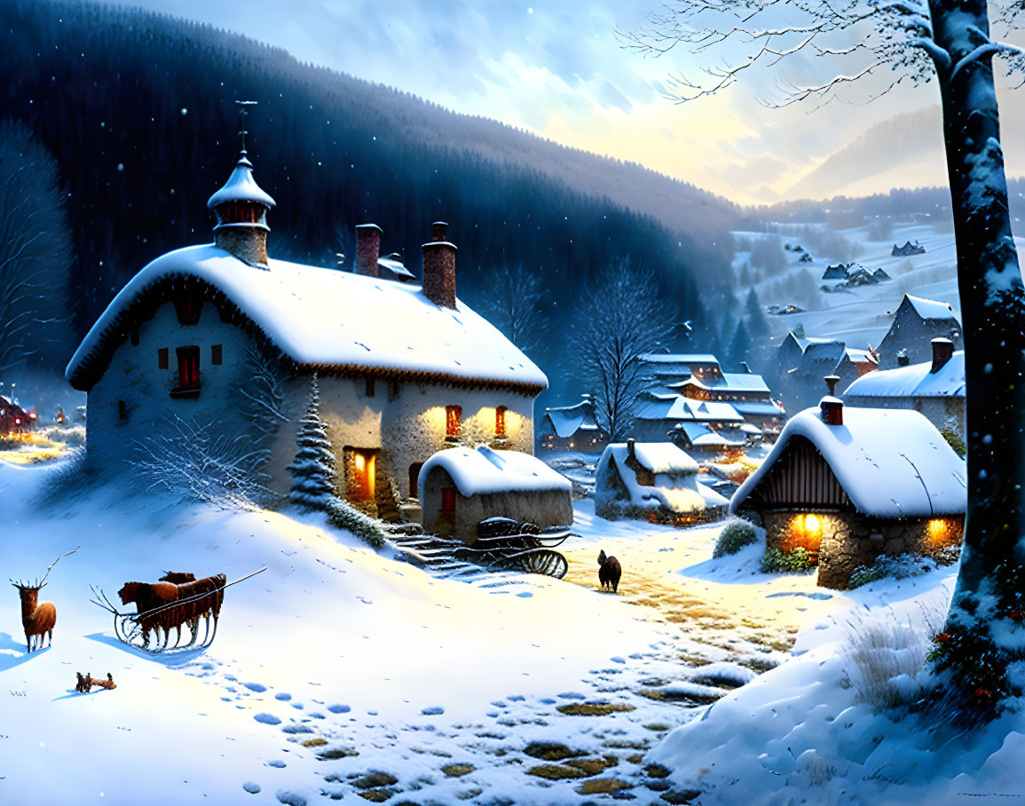 snowy village scene