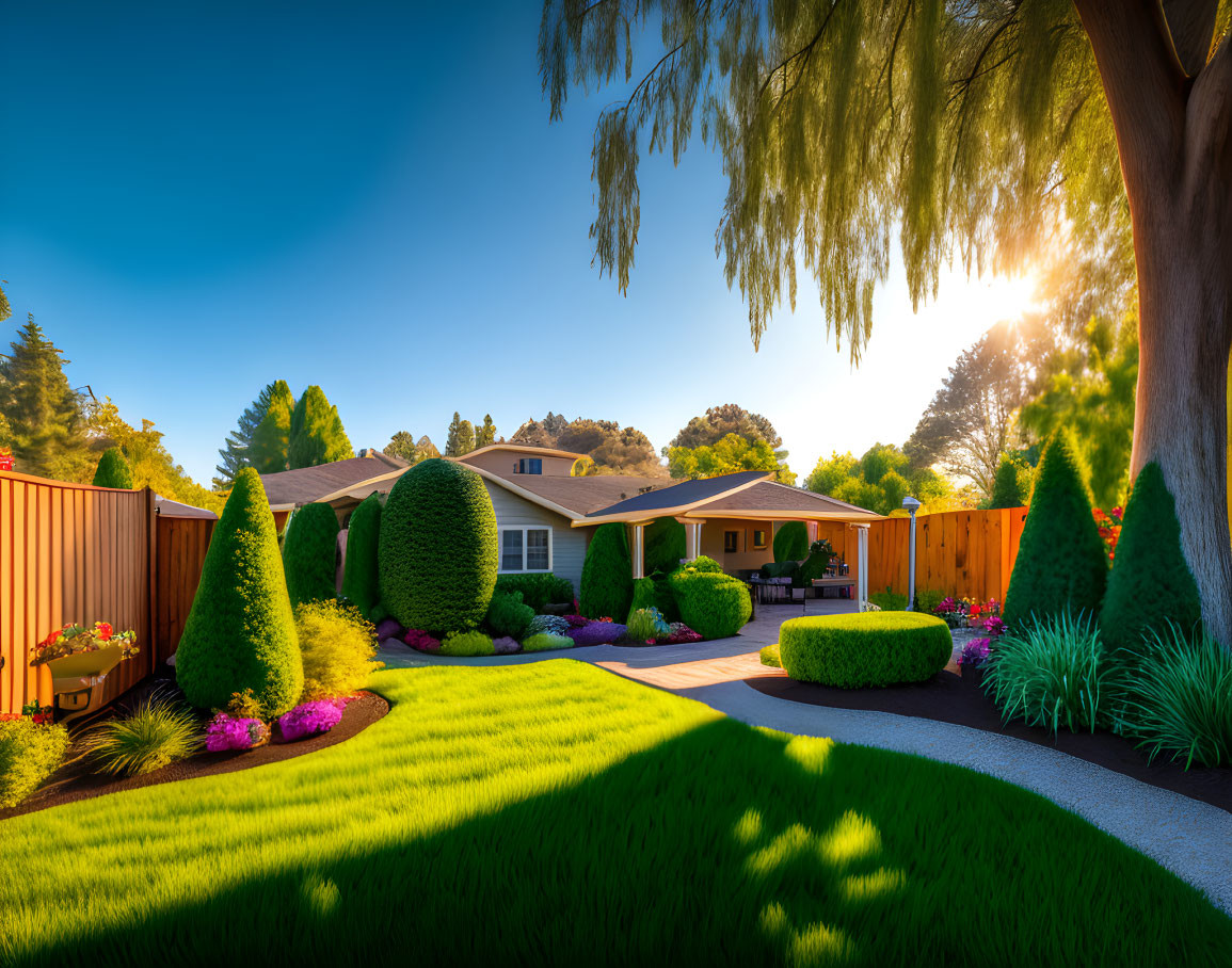 Tranquil suburban home with manicured lawn and flower beds at sunset