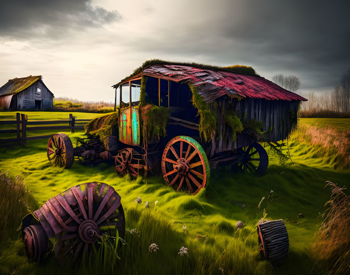 Moss-covered wagon in green field under stormy sky