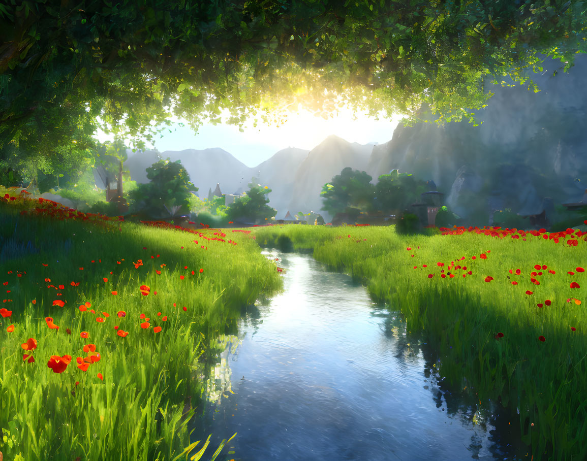 Tranquil landscape: stream, poppies, sunlight, trees, mountains
