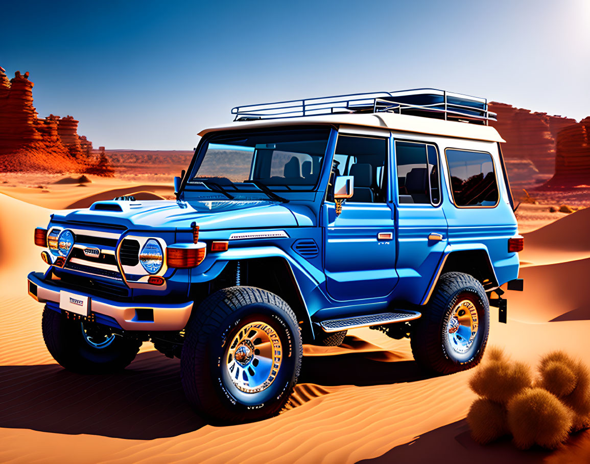 Blue Off-Road Vehicle with Roof Rack in Desert Landscape