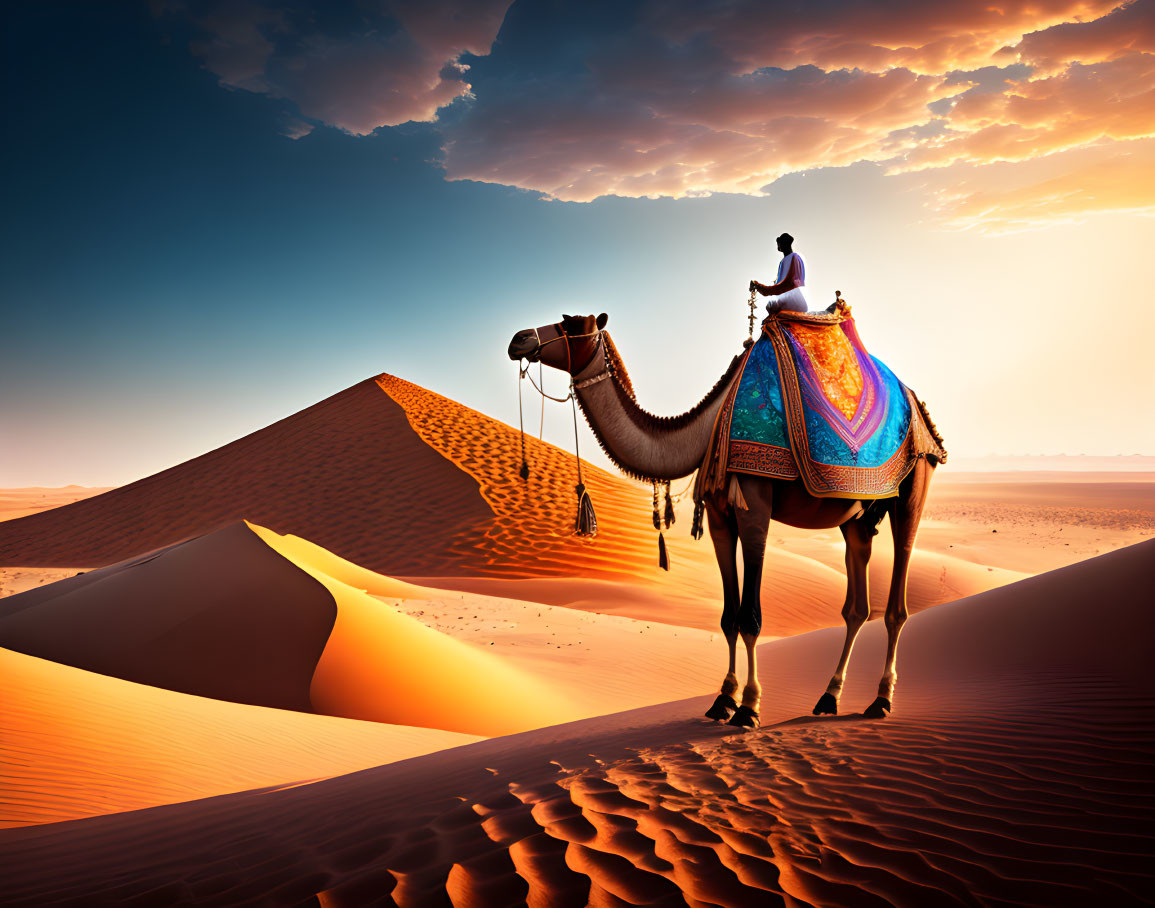 Person riding camel on sand dune at sunset in colorful desert scene