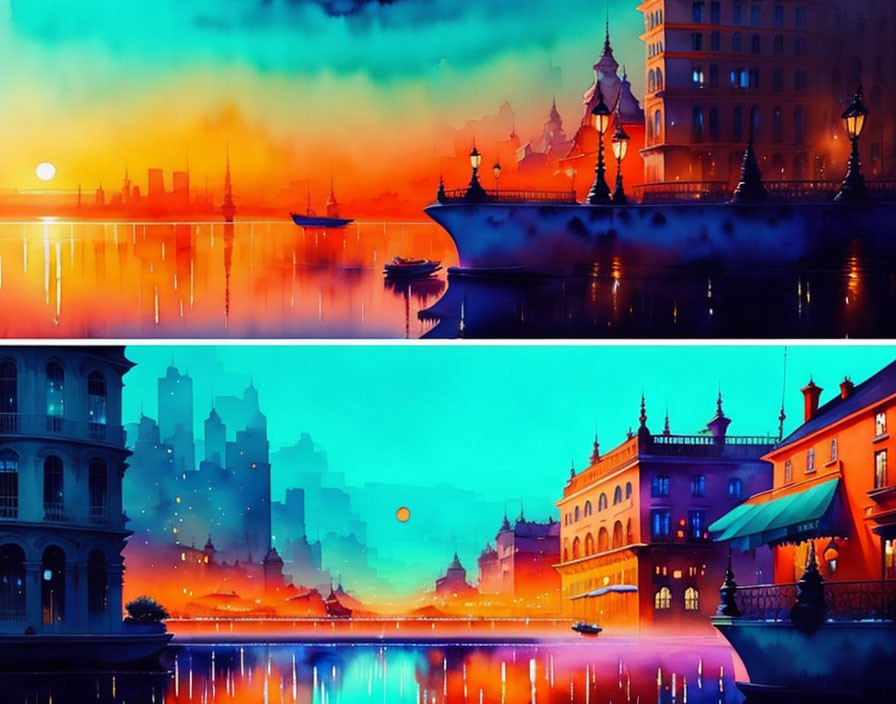 Digital artwork: Four city scenes at sunset with colorful reflections, silhouetted buildings, and boats