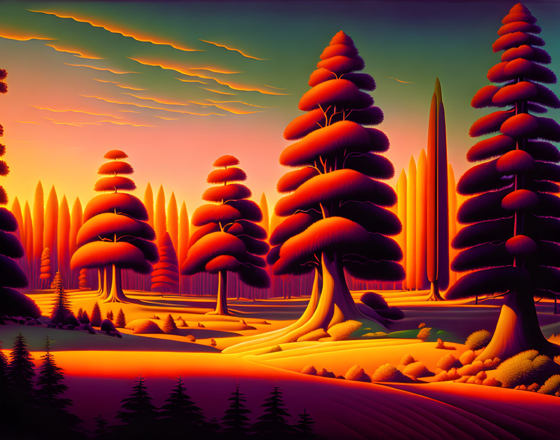Surreal sunset landscape with vibrant orange hues and conical trees