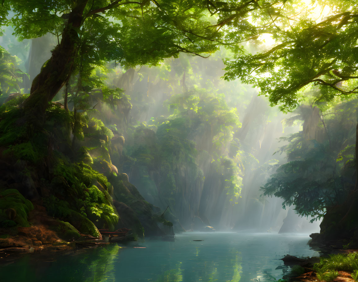 Verdant forest with river, waterfall, and cliffs in sunlight