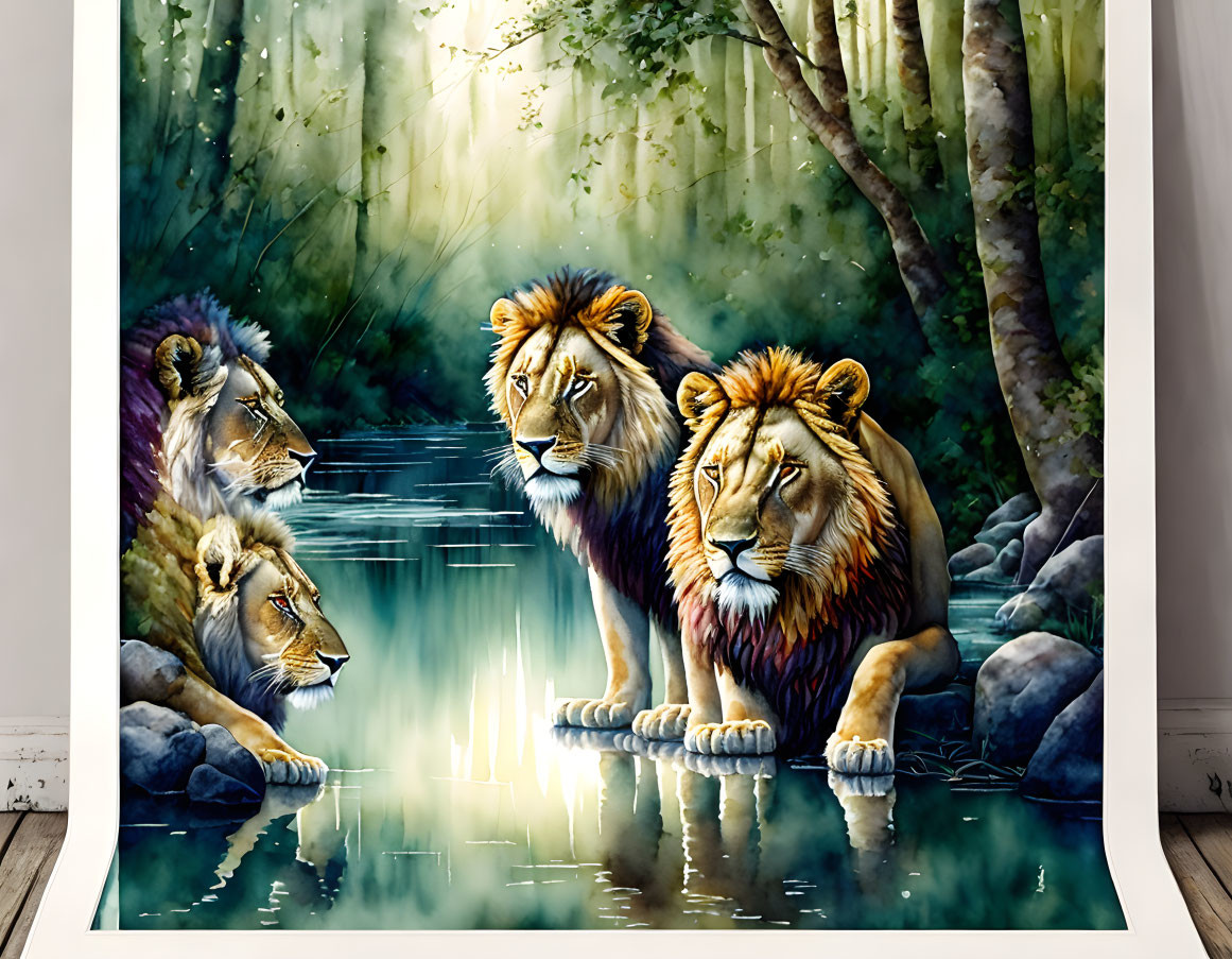 Four lions near water in serene forest with sunbeams