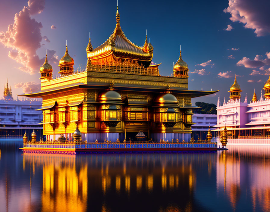Traditional Building with Golden and Red Roofs Reflecting on Calm Waters at Twilight