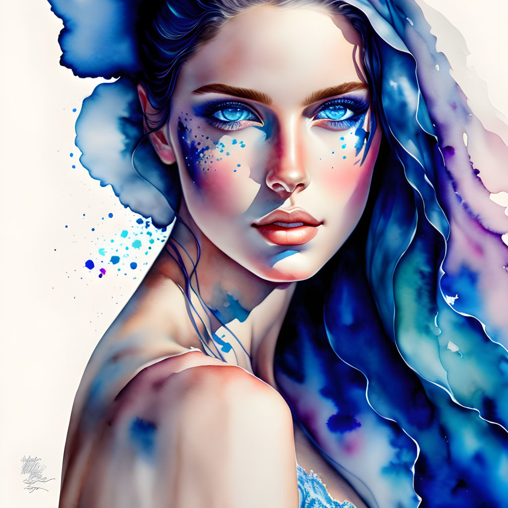 Portrait of woman with vibrant blue eyes and hair, adorned with blue paint splashes