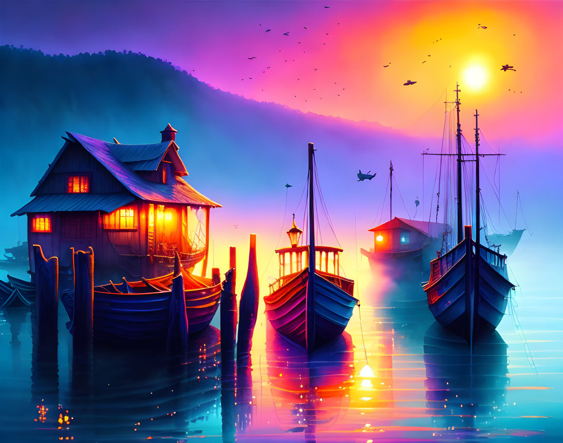 Vibrant sunset scene with boats, house, and birds on calm waters