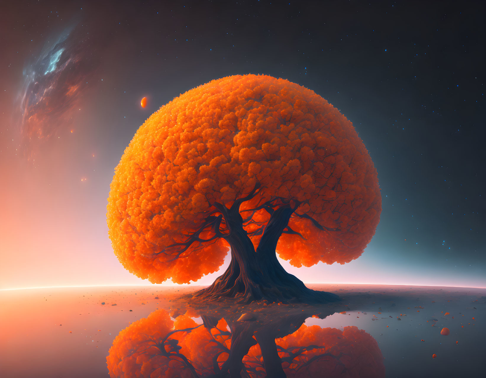 Vibrant orange tree on reflective surface under starry sky