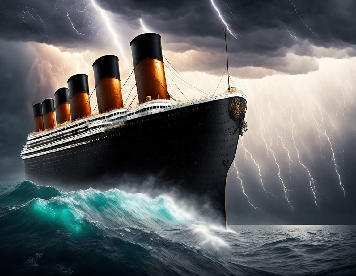 Ocean liner navigating stormy seas with lightning strikes