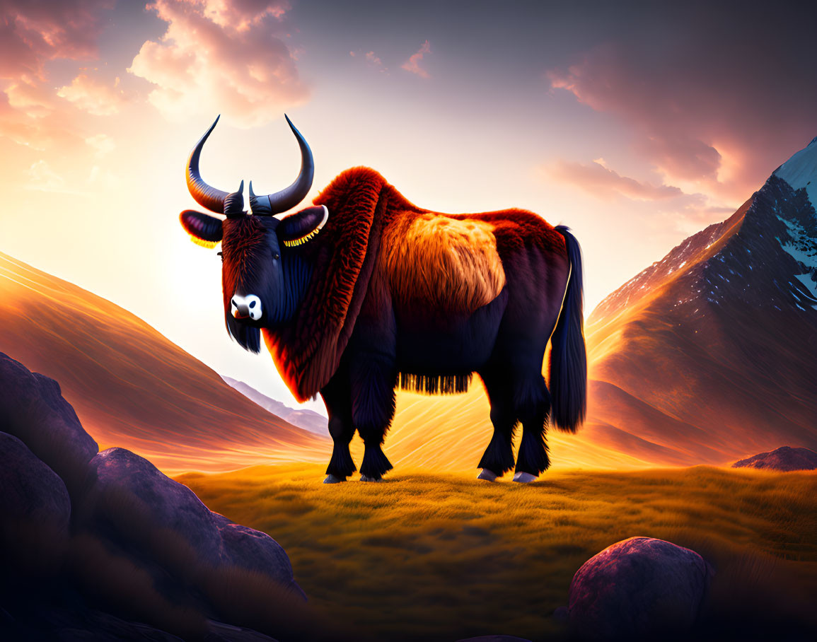Illustration of furry yak in mountain landscape at sunset