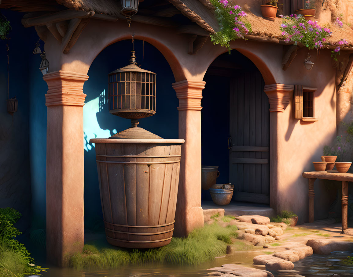Tranquil courtyard with wooden barrel, birdcage, terracotta house, and plants