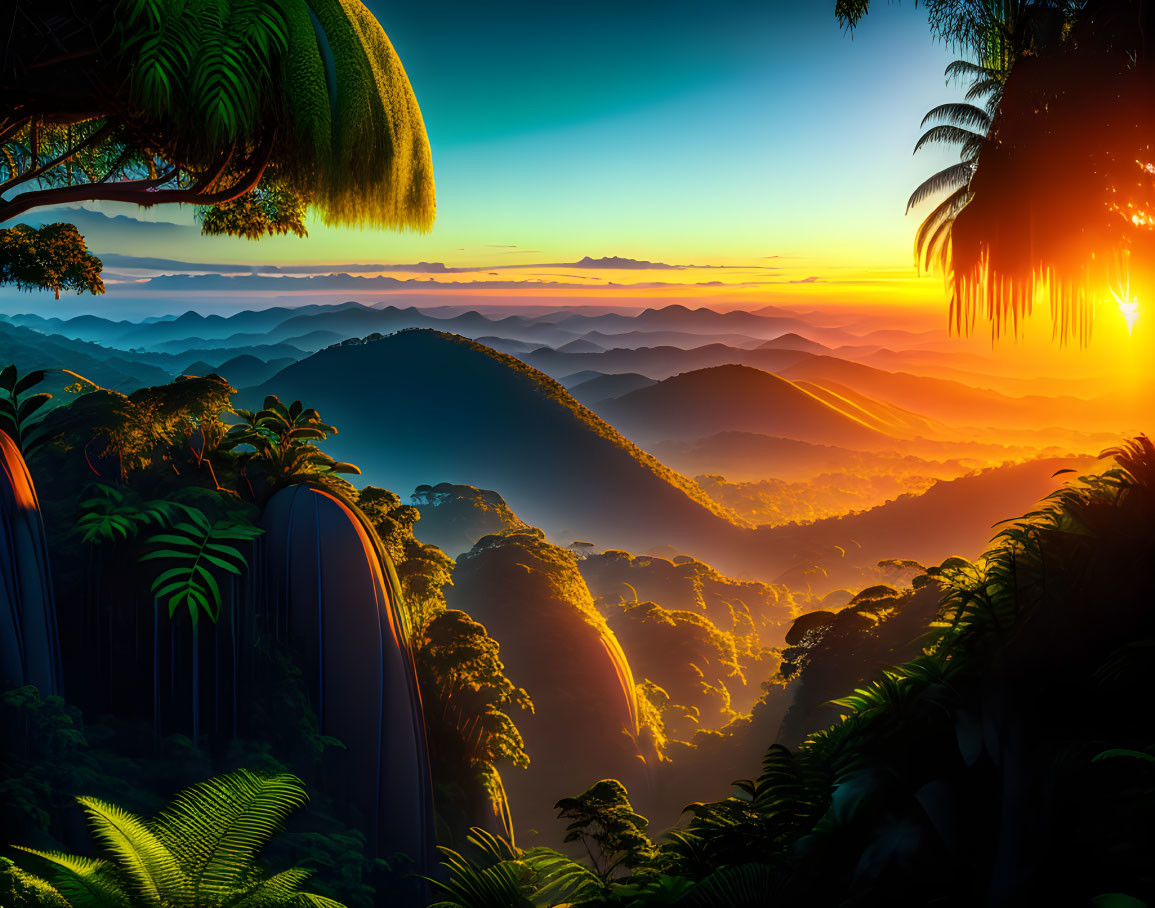 Vibrant jungle landscape: lush green hills, mist, and sunrise sky