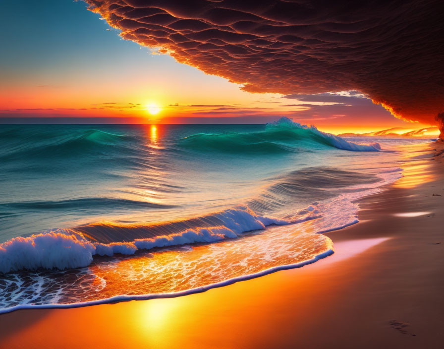 Scenic beach sunset with crashing waves and orange-lit sky