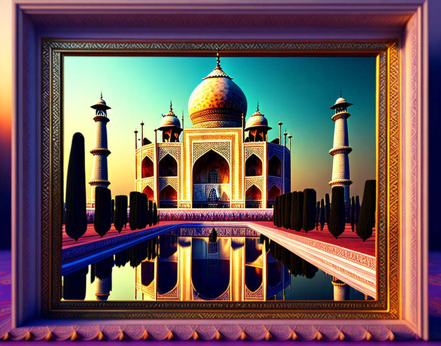 Digitally altered image: Taj Mahal at sunset with surreal, colorful sky and water reflection