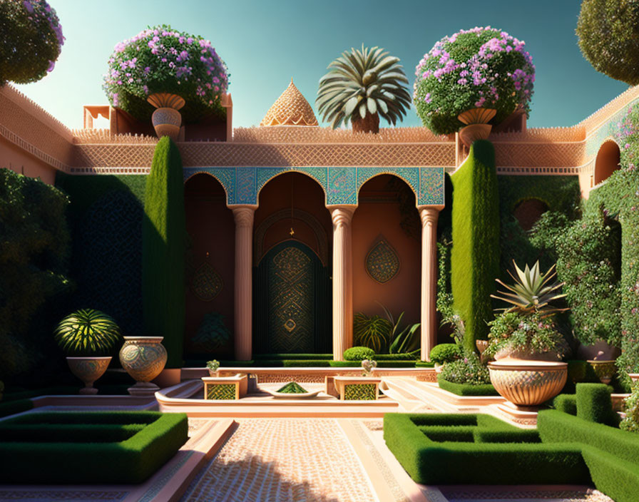 Traditional Moroccan courtyard with ornate archways, patterned tiles, and blooming bougainvillea