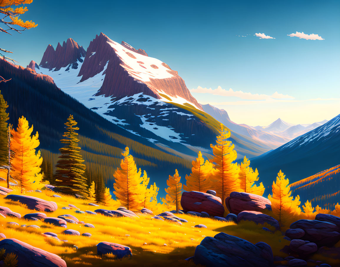 Sunlit mountain landscape with golden trees and snowy peaks.
