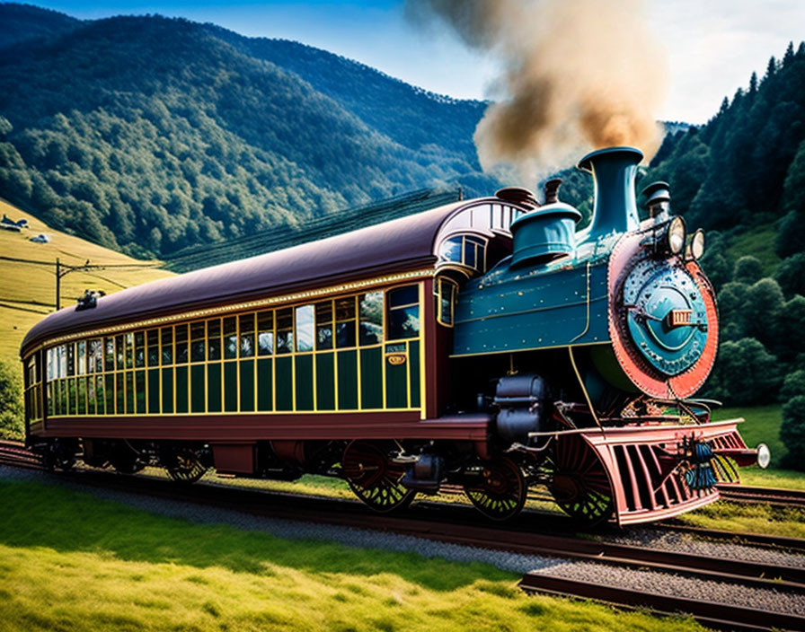 Vintage Steam Locomotive Pulling Passenger Car Through Green Landscape