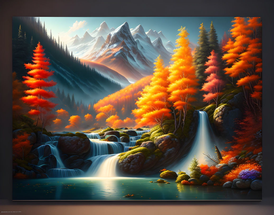 Scenic autumn landscape with orange trees, waterfall, river, and snowy mountains
