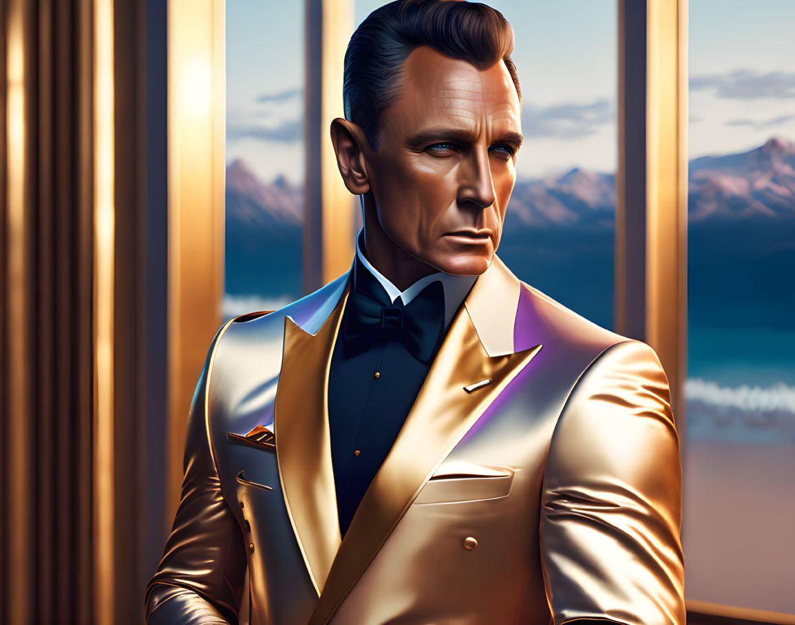 Fashionable man in golden jacket and bow tie gazing out window at sunset mountains