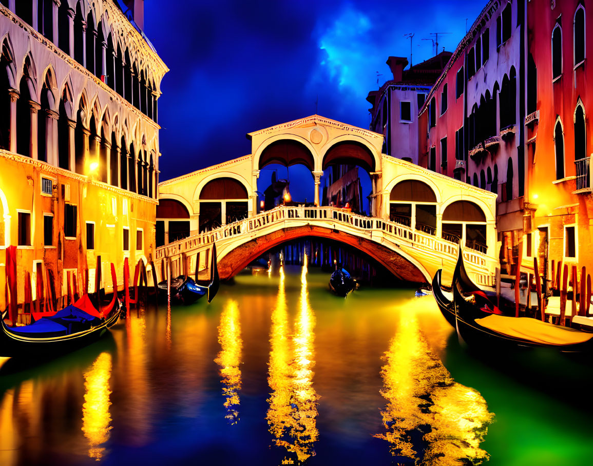 Night view of Rialto Bridge and Grand Canal in Venice