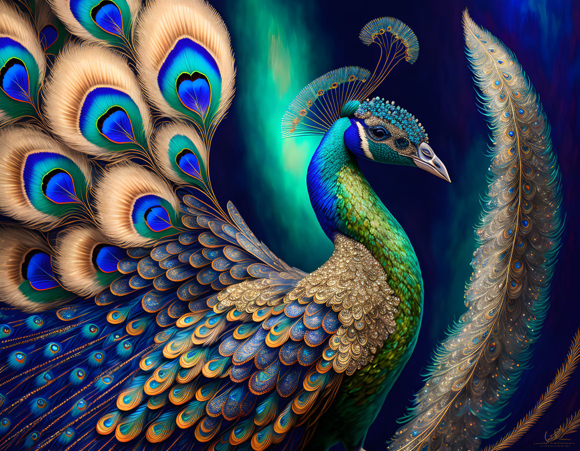 Colorful digital artwork: Peacock with spread feathers in blue, green, and gold.