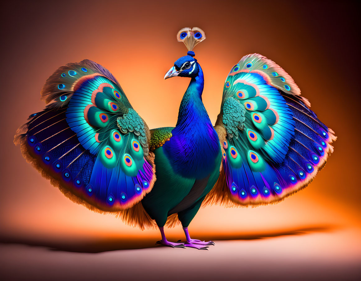 Colorful Peacock with Blue and Green Feathers on Orange Background
