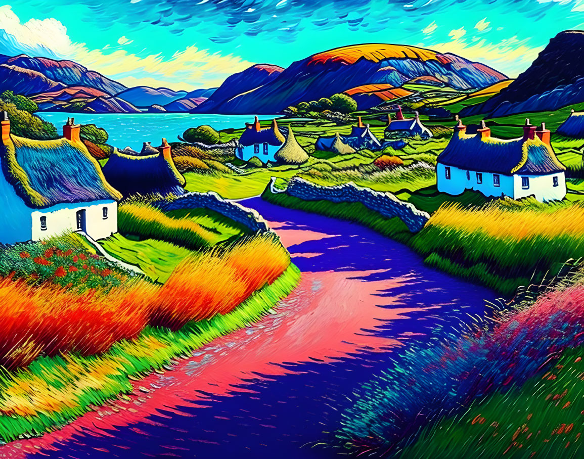 Colorful painting of quaint houses, path, flora, sea, hills, and sky