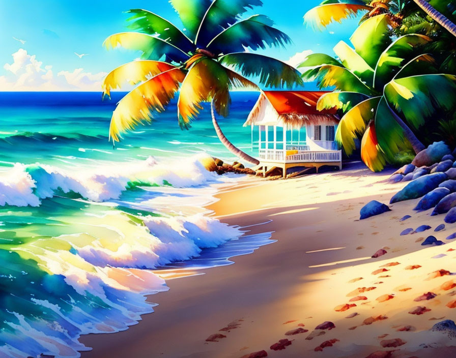 Tropical beach scene with palm trees, hut, sea waves, and rocks