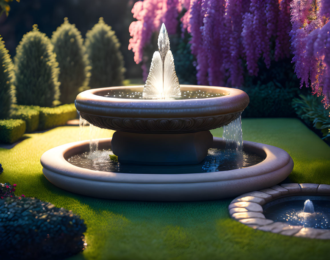 Elegant garden fountain with soft lights, manicured bushes, and purple flowers at dusk