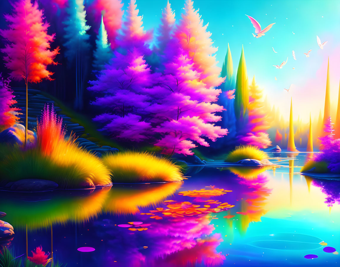 Colorful Fantasy Landscape with Neon Trees, Reflective Lake, and Birds
