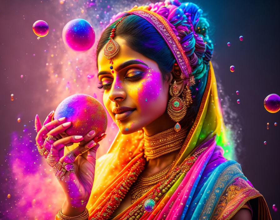 Traditional Indian Attire Woman with Glowing Orb and Psychedelic Background