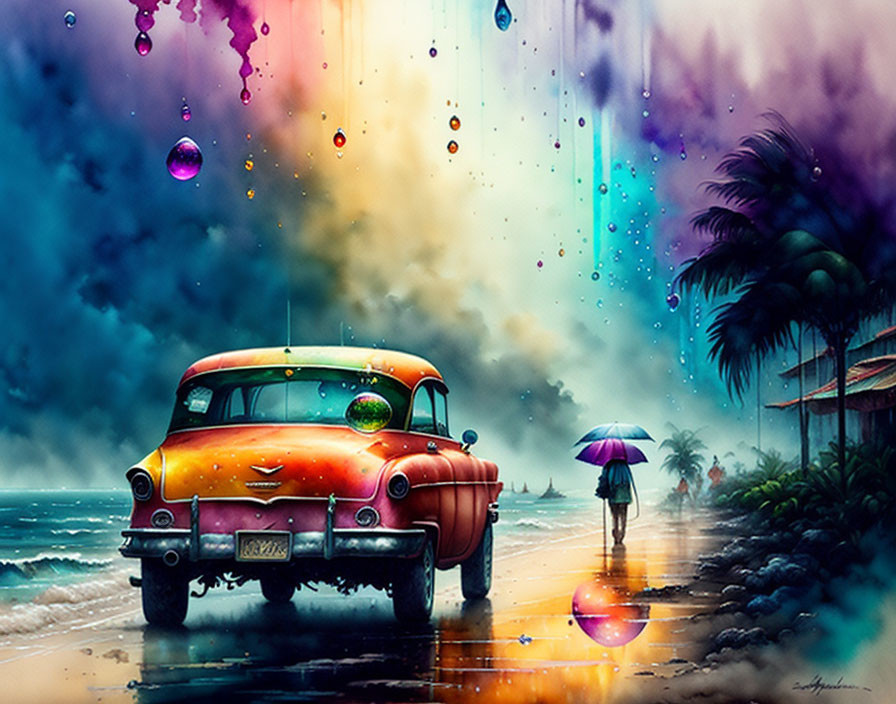 Vibrant surreal artwork: vintage car on tropical beach with raining paint drops