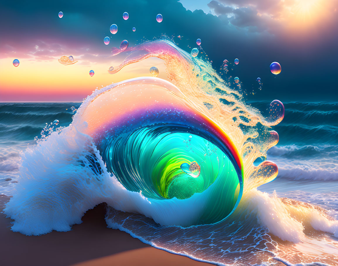 Surreal ocean wave with swirling tunnel effect and bubbles in sunset sky