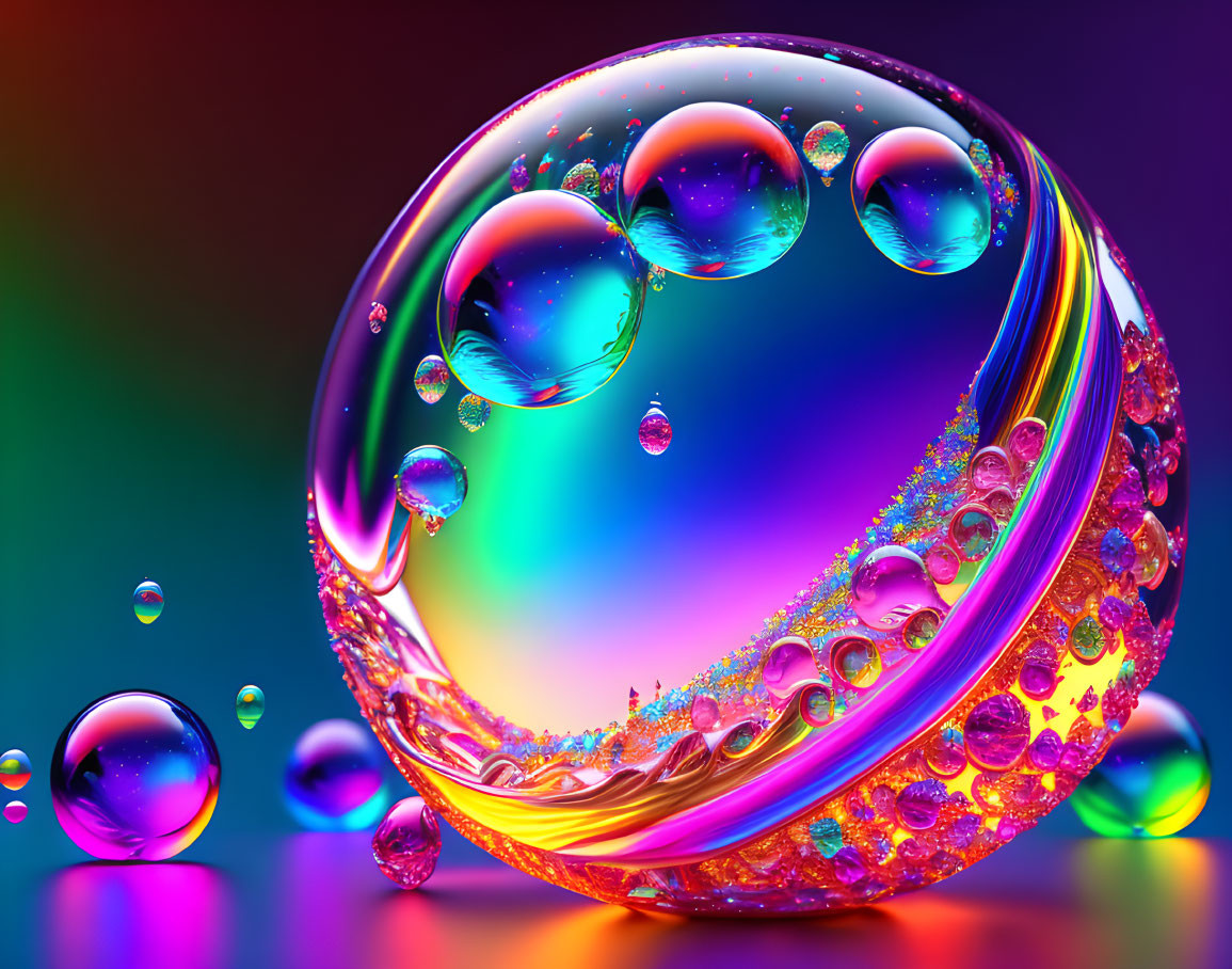 Colorful iridescent bubbles on multicolored background with swirl patterns