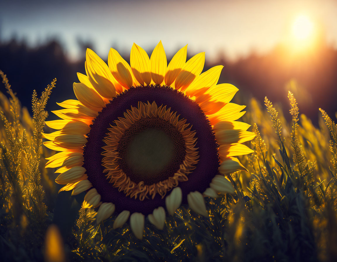 Vibrant sunflower with golden petals in serene sunset field