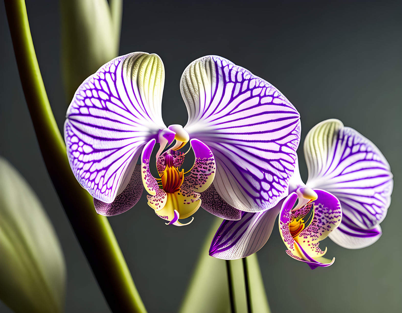 Three vibrant purple and white striped orchid flowers on soft-focus background