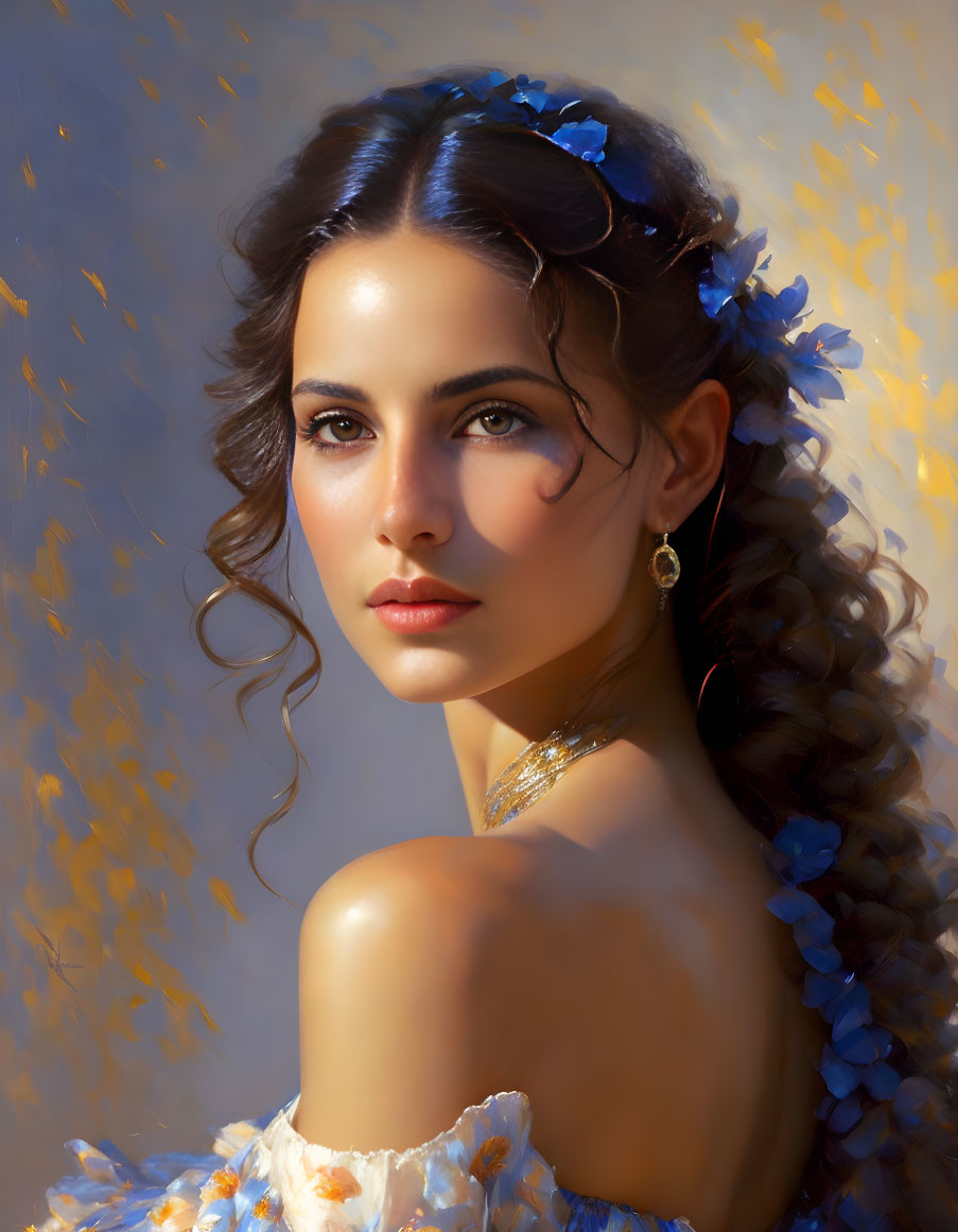 Portrait of woman with curly hair, blue flowers, earrings, soft light, golden specks