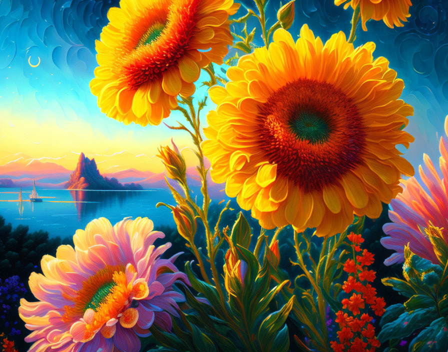 Colorful Sunflowers and Blooms by Tranquil Sea with Sunset and Sailing Ship