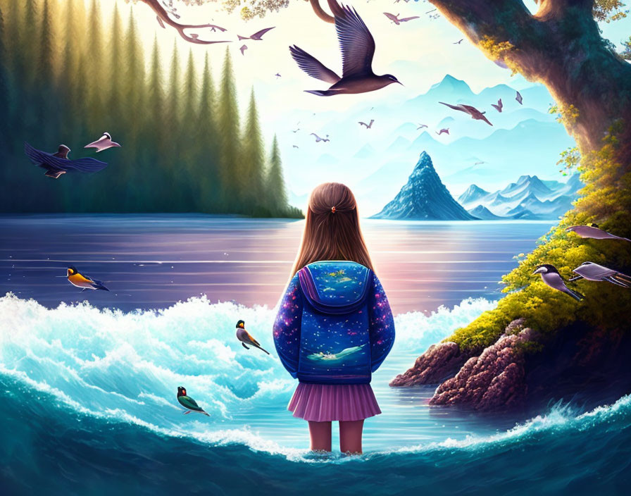 Young girl with starry backpack by water's edge under surreal sky