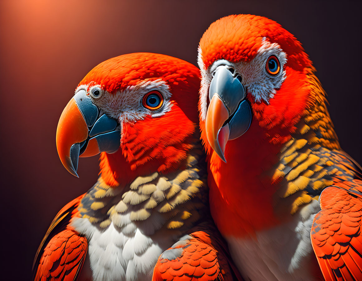 Two vibrant red and orange parrots with intricate feather patterns on a dark background.