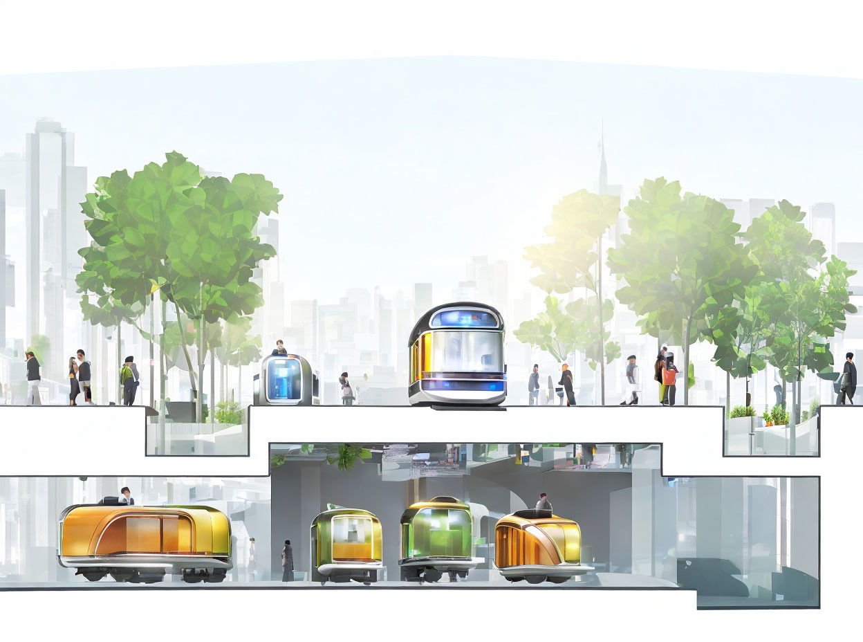 Colorful pods in futuristic urban transport concept with people and green trees, moving on different city levels.
