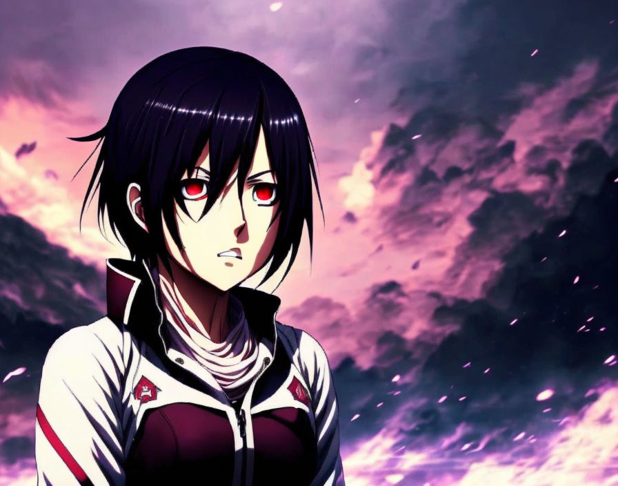 Anime character with short black hair and red eyes in white and red jacket against stormy sky
