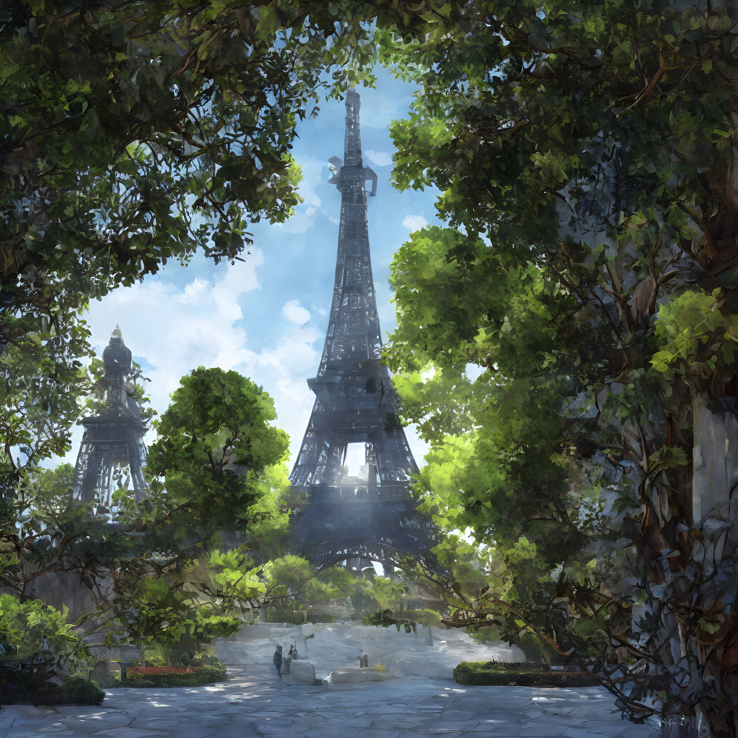 Tranquil Eiffel Tower scene with lush greenery and clear blue sky