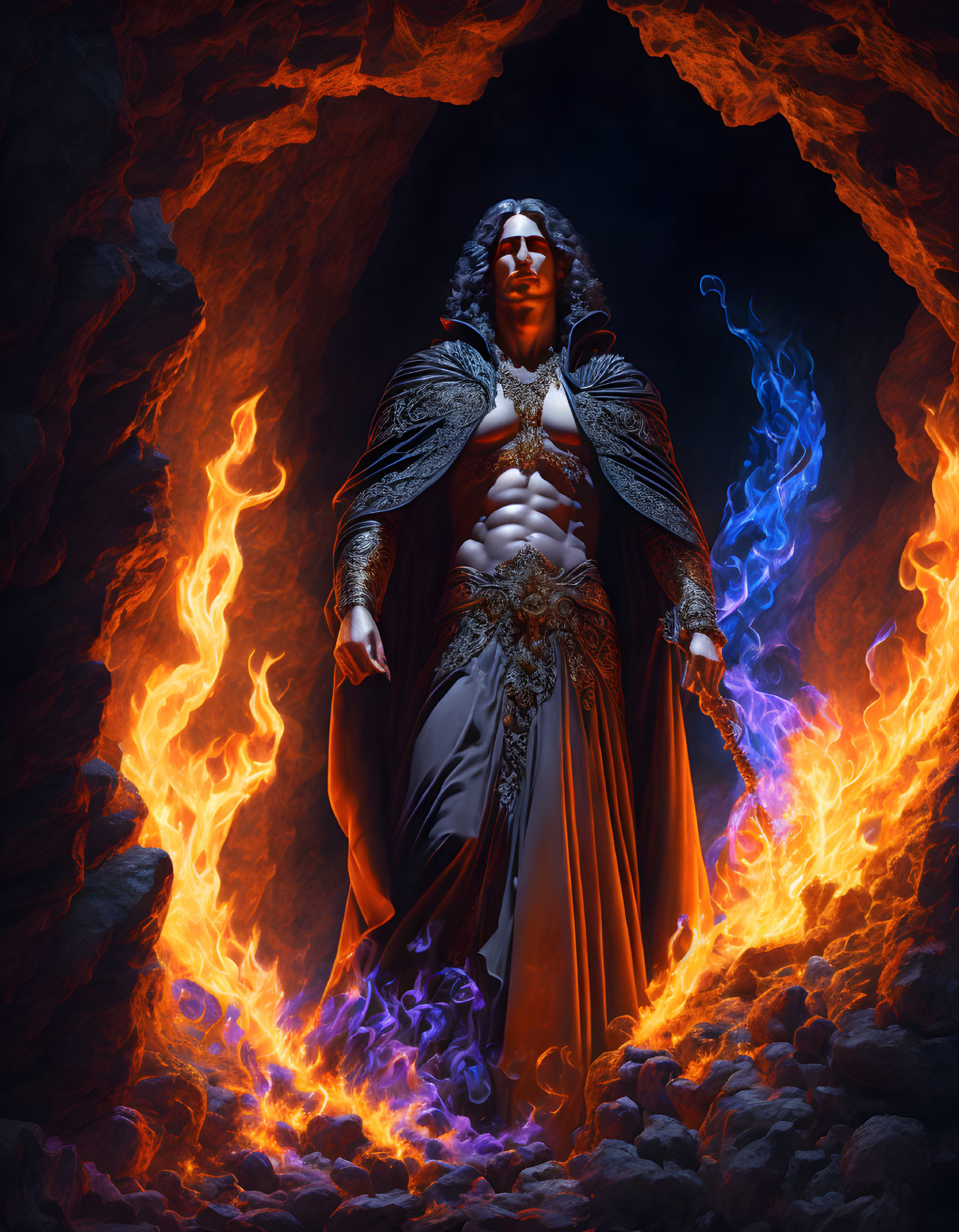 Pale-skinned figure in ornate garments holding blue flames in fiery cave