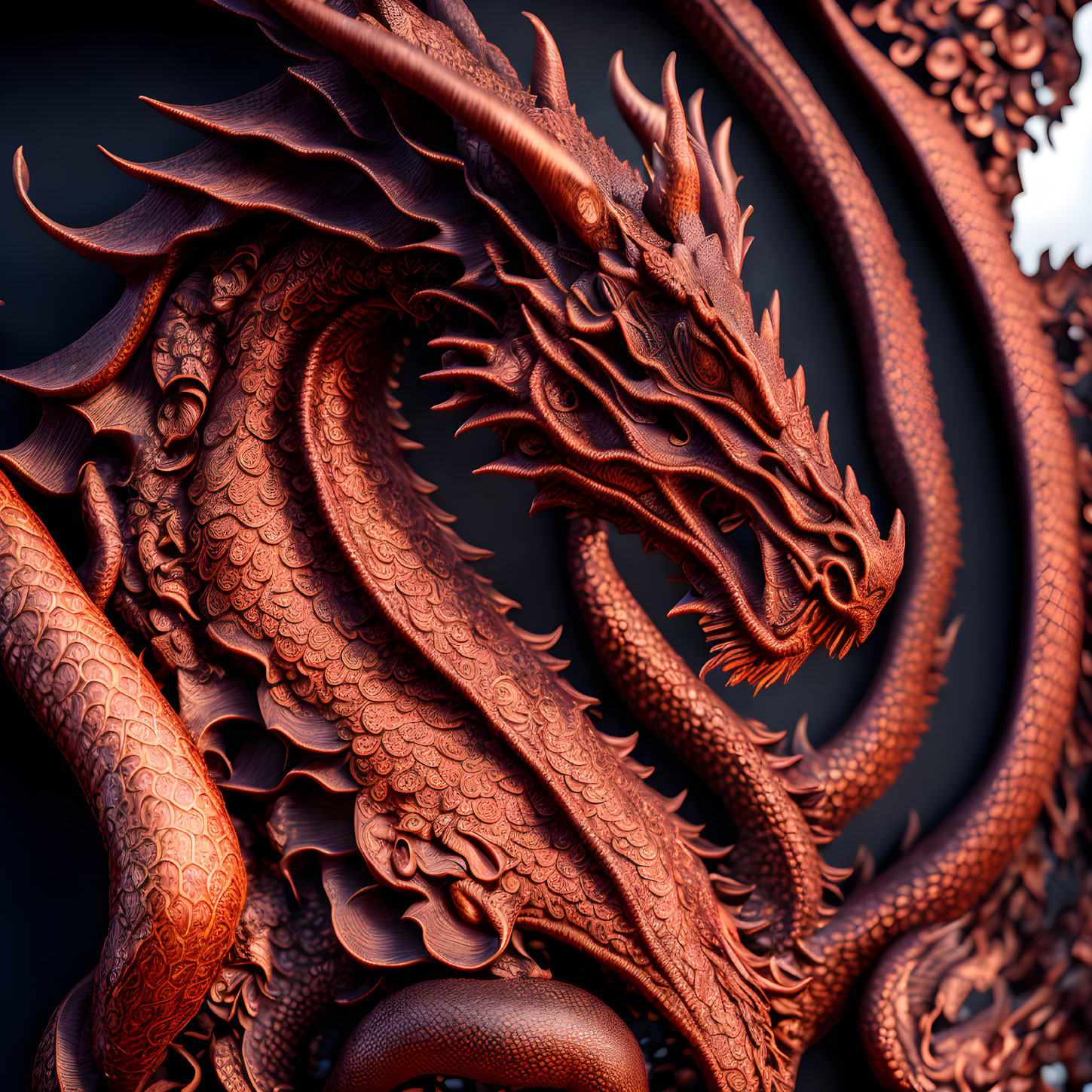 Detailed 3D illustration of twisting red dragon with intricate scales and fierce eyes.