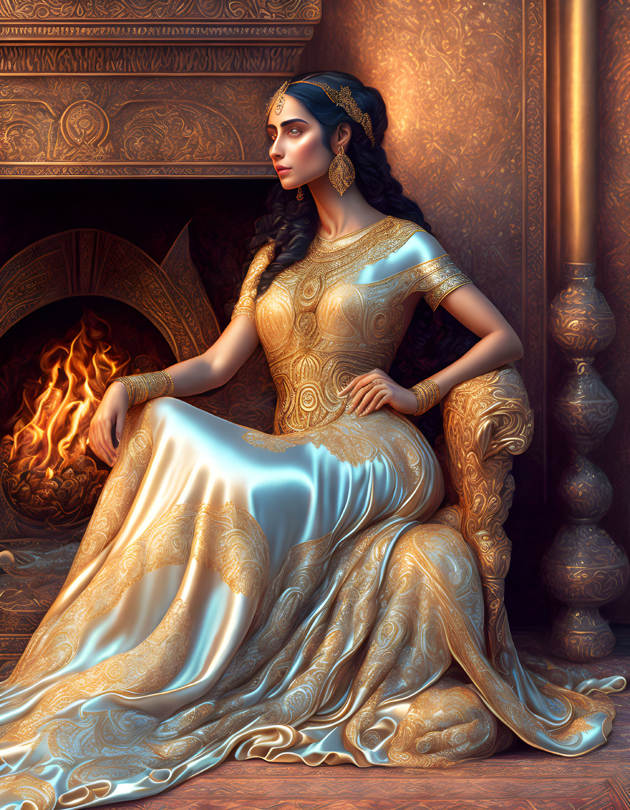 Regal woman in gold-embellished gown by ornate fireplace