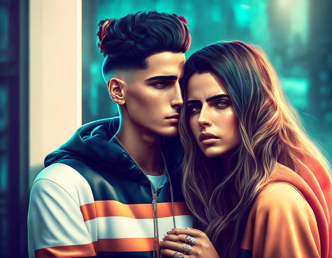 Intense close-up digital art of young man and woman with vibrant colors.